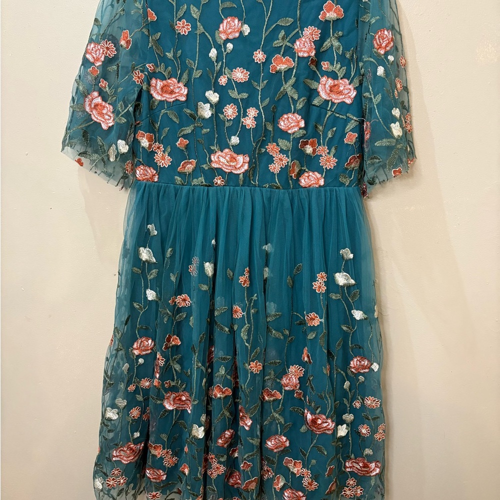 Baltic Born Teal Floral Embroidered Midi Dress